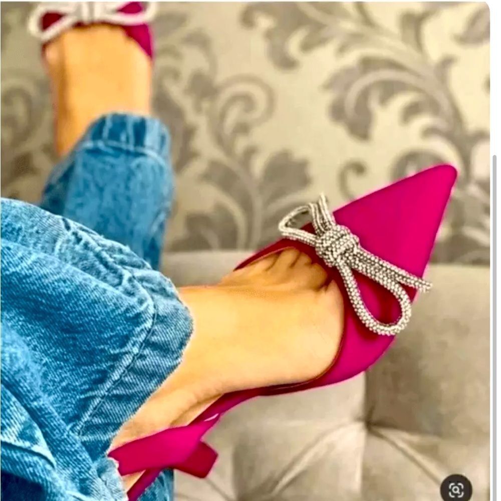 NWT ZARA Fuchsia Pink Satin Embellished Crystal Bow Sling Back Heels Sz 6.5 - Picture 2 of 4
